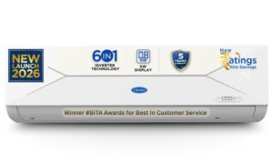 Carrier 1.5 Ton 5 Star, New Star rated, Flexicool Inverter Split AC (Copper, Convertible 6-in-1 with Smart Energy Display.