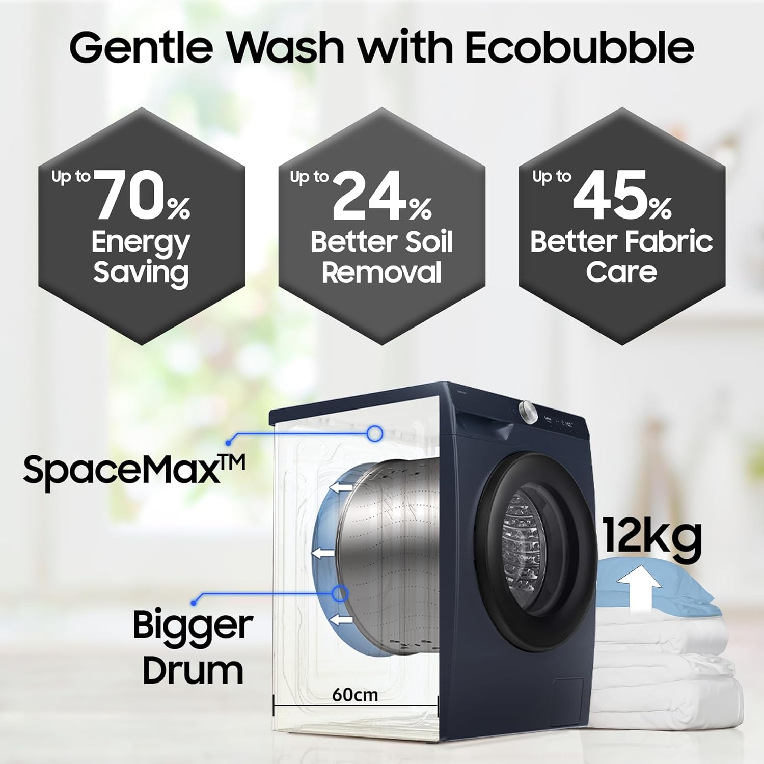 Samsung 12 kg, 5star, AI Control, AI Ecobubble, Super Speed, Wi-Fi, Hygiene Steam with Inbuilt Heater. - Image 2