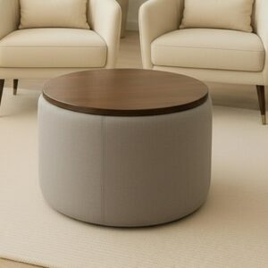 Elegant Round Coffee Table with Wooden Top & Storage Ottoman.